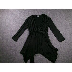 dots Tunic Womens M Black Long Sleeve Wrap Handkerchief Hem Empire Waist Stretch